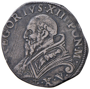 obverse: Gregorio XIII (1572-1585). Roma. Testone anno X AG gr. 8,75. Muntoni 73. Berman 1172. MIR 1189/1. Secondo il Muntoni sono conosciuti, oltre questo testone, altri due esemplari conservati nel medagliere del Museo Vaticano.  Ex listino a prezzi fissi Carlo Crippa Numismatica autunno 1993, 459. Estremamente raro. Graffietti, q.BB