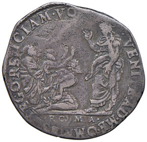 reverse: Gregorio XIII (1572-1585). Roma. Testone anno X AG gr. 8,75. Muntoni 73. Berman 1172. MIR 1189/1. Secondo il Muntoni sono conosciuti, oltre questo testone, altri due esemplari conservati nel medagliere del Museo Vaticano.  Ex listino a prezzi fissi Carlo Crippa Numismatica autunno 1993, 459. Estremamente raro. Graffietti, q.BB