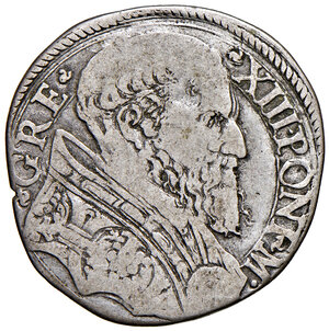 obverse: Gregorio XIII (1572-1585). Roma. Testone AG gr. 9,05. Muntoni 17 (unico; M. Vat.). Berman 1146. MIR 1119/2. Non risultano passaggi in vendita pubblica per questa moneta di eccezionale rarità e fascino. Della più esimia rarità. q.BB