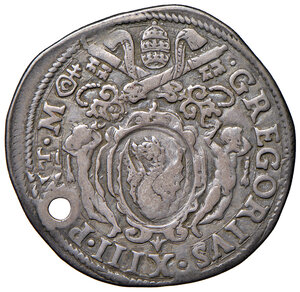 obverse: Gregorio XIII (1572-1585). Roma. Testone AG gr. 9,10. Muntoni 36. Berman 1154. MIR 1121/1. Molto raro. Patina di medagliere. Forato, BB 