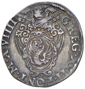 obverse: Gregorio XIII (1572-1585). Roma. Giulio anno IX AG gr. 2,94. Muntoni –. Berman –. MIR 1191/3 (questo esemplare illustrato). Rarissimo. Bella patina di medagliere, BB  