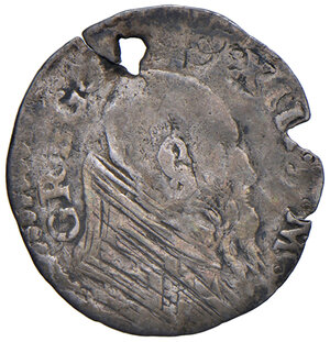 obverse: Gregorio XIII (1572-1585). Roma. Mezzo grosso AG gr. 0,54. Muntoni 158. Berman 1199. MIR 1157/1.  Della massima rarità. Mancanza di metallo sul bordo e forato, altrimenti MB/q.BB 