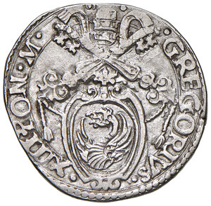 obverse: Gregorio XIII (1572-1585). Ancona. Testone anno santo 1575 AG gr. 9,51. Muntoni –. Berman 1212. Dubbini-Mancinelli pag. 151 (3° tipo). MIR –. Villoresi 287 a/2).  Molto raro. Buon BB/BB 