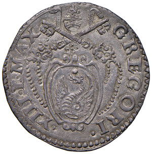 obverse: Gregorio XIII (1572-1585). Ancona. Testone AG gr. 9,26. Muntoni 219. Berman 1215. Dubbini-Mancinelli pag. 159 (12° tipo). MIR –. Villoresi 299 d/2).  Delicata patina, SPL 