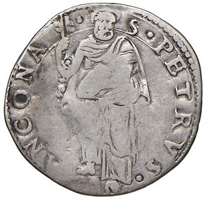 reverse: Gregorio XIII (1572-1585). Ancona. Giulio AG gr. 3,00. Muntoni 311 var. I. Berman 1225. Dubbini-Mancinelli pag. 162 (5° tipo). MIR 1223/2. Villoresi 305 c).  Molto raro. q.BB/MB 