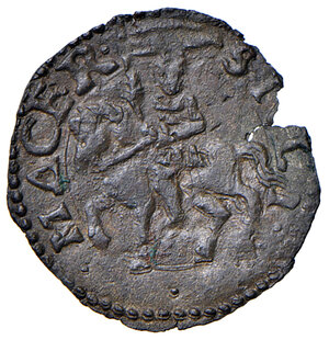 reverse: Gregorio XIII (1572-1585). Macerata. Quattrino MI gr. 0,33. Muntoni 453. Berman 1289. MIR 1289/1.  Molto raro. Mancanza marginale del tondello, altrimenti migliore di BB 