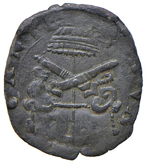 obverse: Sede Vacante 10 – 21 aprile 1585 (Camerlengo card. Filippo Guastavillano). Macerata. Quattrino MI gr. 0,60. Muntoni –. Berman –. MIR 1298/4. Rarissimo. q.BB 