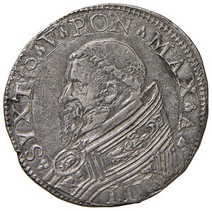 obverse: Sisto V (1585-1590). Roma. Testone 1588 anno IV AG gr. 9,11. Muntoni 46 var. Berman 1328. MIR 1328/2 var. Variante con interpunzione della legenda del dritto costituita da tre monti anziché stelle. Rarissimo. Porosità del metallo, altrimenti BB