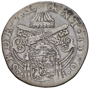 obverse: Sede Vacante I: 27 agosto – 15 settembre 1590 e II: 27 settembre – 5 dicembre 1590 (Camerlengo card. Enrico Caetani). Roma. Testone 1590 (segno A-I; Luigi Innocenti zecchiere) AG gr. 9,07. Muntoni 6. Berman 1397. MIR 1391/1.  Estremamente raro. q.BB/MB