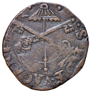 obverse: Sede Vacante I: 27 agosto – 15 settembre 1590 e II: 27 settembre – 5 dicembre 1590 (Camerlengo card. Enrico Caetani). Montalto. Quattrino MI gr. 0,95. Muntoni –. Berman –. MIR –. Questo quattrino – a differenza del tipo noto – presenta, al dritto, le chiavi decussate con legatura diversa e sormontate da padiglione di fattura molto più grande rispetto al consueto, nonché la ghirlanda di fiordalisi al rovescio risulta differente dagli altri conî. Il dritto, infine, ricorda in modo particolare le monete in mistura coniate dalla zecca di Fano durante questa Sede Vacante. Apparentemente inedito. Buon BB 