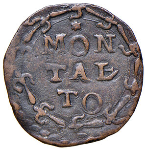 reverse: Sede Vacante I: 27 agosto – 15 settembre 1590 e II: 27 settembre – 5 dicembre 1590 (Camerlengo card. Enrico Caetani). Montalto. Quattrino MI gr. 0,95. Muntoni –. Berman –. MIR –. Questo quattrino – a differenza del tipo noto – presenta, al dritto, le chiavi decussate con legatura diversa e sormontate da padiglione di fattura molto più grande rispetto al consueto, nonché la ghirlanda di fiordalisi al rovescio risulta differente dagli altri conî. Il dritto, infine, ricorda in modo particolare le monete in mistura coniate dalla zecca di Fano durante questa Sede Vacante. Apparentemente inedito. Buon BB 