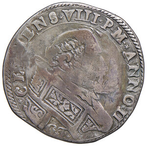 obverse: Clemente VIII (1592-1605). Fano. Testone anno II (sigle G-T; Guglielmo Tronci zecchiere) AG gr. 9,11. Muntoni 147. Berman 1482. Ciavaglia 56. MIR 1509/1.  Estremamente raro. MB/q.BB 