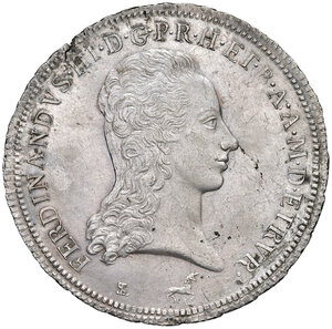 obverse: Firenze. Ferdinando III di Lorena (1790-1801). Occupazione Austro-Russa (1799-1801).  Francescone 1799 AG gr. 27,16. Pagani 5. MIR 404/2. Raro. Bell’esemplare con fondi ancora lucenti. Piccola frattura sul ciglio, altrimenti q.FDC 