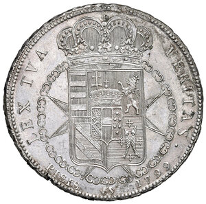 reverse: Firenze. Ferdinando III di Lorena (1790-1801). Occupazione Austro-Russa (1799-1801).  Francescone 1799 AG gr. 27,16. Pagani 5. MIR 404/2. Raro. Bell’esemplare con fondi ancora lucenti. Piccola frattura sul ciglio, altrimenti q.FDC 