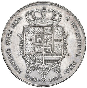 reverse: Firenze. Carlo Ludovico di Borbone e Maria Luigia reggente (1803-1807). Dena 1807 AG. Pagani 27. MIR 423. Lievi segnetti nei campi, altrimenti buon BB 