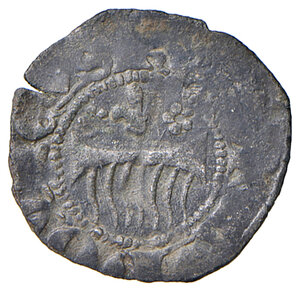 obverse: (L’) Aquila. Ludovico I d’Angiò pretendente (1382-1384). Denaro provisino MI gr. 0,48. CNI –. MEC 14, –. D’Andrea-Andreani –. MIR –. Giuliani-Fabrizi –. Su questo denaro sono presenti, al dritto, due rosette ai lati del giglio ed una nel IV quarto della croce al rovescio. Questa variante non risulta censita dalla bibliografia di riferimento consultata. Apparentemente inedito. q.BB 