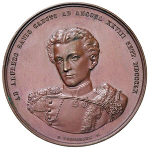 obverse: Gaeta. Alfredo ed Emilio Savio, ufficiali sabaudi caduti nelle battaglie di Ancona e Gaeta (1860-1861). Medaglia AE gr. 63,32 Ø 49 mm. Opus: Pietro Thermignon. Ferraro 13. Rara. q.FDC