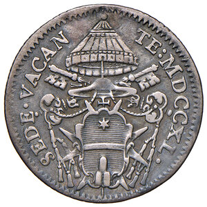 obverse: Sede Vacante 5 febbraio – 16 agosto 1740 (Camerlengo card. Annibale Albani). Roma. Giulio 1740 AG gr. 2,52. Muntoni 10. Berman 2718. MIR 2572/1. Ex asta Varesi 34/2000, Alma Roma, 1452.  Estremamente raro. Traccia di foro otturato, altrimenti buon BB 