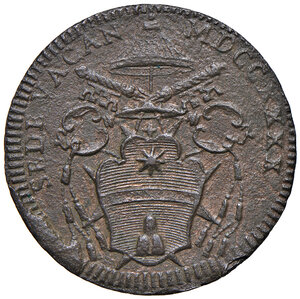 obverse: Sede Vacante 5 febbraio – 16 agosto 1740 (Camerlengo card. Annibale Albani). Roma. Baiocco 1740 CU gr. 9,48. Muntoni 20 var. I. Berman 2721. MIR 2574/3.  Molto raro. BB/q.BB 