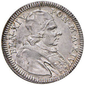 obverse: Benedetto XIV (1740-1758). Roma. Quinto di scudo 1753 anno XIV AG gr. 5,17. Muntoni 51. Berman 2743. MIR 2613/1. Fondi lucenti, q.SPL 