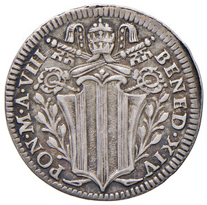 obverse: Benedetto XIV (1740-1758). Roma. Grosso anno VIII AG gr. 1,23. Muntoni 65a. Berman 2751. MIR 2607/2. Molto raro. Patina di medagliere, buon BB 