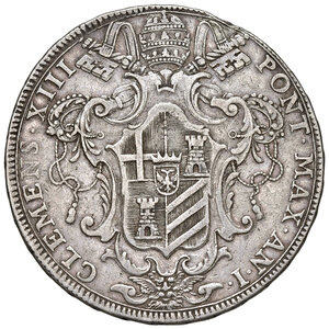 obverse: Clemente XIII (1758-1769). Roma. Scudo 1759 anno I AG gr. 26,14. Muntoni 9. Berman 2893. MIR 2706/1.  Rarissimo. Piccola mancanza di metallo sul bordo al dr., altrimenti BB/q.BB 