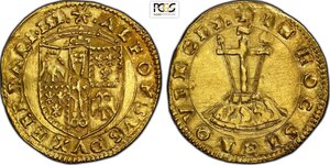 obverse: Ferrara, Alfonso I d Este (1505-1534), Scudo d oro del Sole, MIR-269 Fr-269 Au 26 mm 3,37 g, in Slab PCGS MS62 (cert. 48282780 second best grade)
				