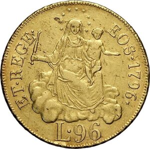 reverse: Genova, Repubblica (1528-1797), 96 Lire 1796, Au 34 mm 25,11 g, lieve colpetto, BB-SPL
				