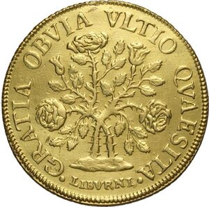 reverse: Livorno, Cosimo III dè Medici (1670-1723), Rosina o Pezza d oro della rosa 1718, RRR Au 24 mm 6,83 g, di bella lucentezza e rilievi (q.SPL) ma lieve traccia di appiccagnolo e di pulitura
				