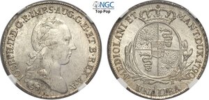 obverse: Milano, Giuseppe II d Asburgo Lorena (1780-1790), Lira 1790, RR Ag 26 mm 6,25 g, di qualità eccezionale per il tipo, in pieno FDC. In Slab NGC MS64+ Top Pop! (cert. 6647133020)
				