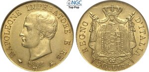 obverse: Milano, Napoleone I Re d Italia (1805-1814), 40 Lire 1808 di primo tipo, Au 26 mm 12,90 g, conservazione eccezionale per questo nominale specie per il primo tipo introvabile in alta conservazione, in Slab NGC MS63 Top Pop! (cert. 3066348002)
				