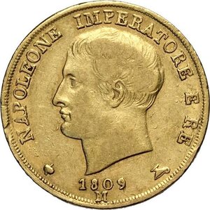 obverse: Milano, Napoleone I Re d Italia (1805-1814), 20 Lire 1809, Au 21 mm 6,41 g, bel BB
				