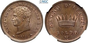 obverse: Milano, Napoleone I Re d Italia (1805-1814), Soldo da 5 Centesimi 1813, Cu 27,5 mm, in Slab NGC MS64 BN
				