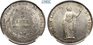 obverse: Milano, Governo Provvisorio (1848), 5 Lire 1848 rami lunghi, RR Ag 37 mm 25 g, alta conservazione il grado attruibito appare sottostimato, in Slab NGC MS62
				