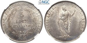 obverse: Milano, Governo Provvisorio (1848), 5 Lire 1848 rami corti, Ag 37 mm 25 g, di eccelsa qualità, in Slab NGC MS64
				