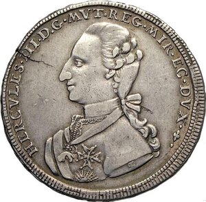 obverse: Modena, Ercole III d Este (1780-1796), da 2 Scudi 1782, Rara Ag 37 mm 18,29 g, BB+
				