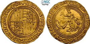 obverse: Napoli, Alfonso I d Aragona (1442-1458), Sesquiducato o da un Ducato e mezzo, RR MIR-52, P/R-1, Fr-816, Au 28 mm 5,28 g, di eccezionale qualità per la tipologia, in Slab NGC MS65 Top Pop! (cert. 6884669009)
				