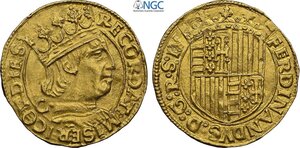 obverse: Napoli, Ferdinando I d Aragona (1458-1494), Ducato, Rara MIR-64/6, P/R-9c, Fr-819, Au 22 mm 3,48 g, di alta conservazione, in Slab NGC MS62
				