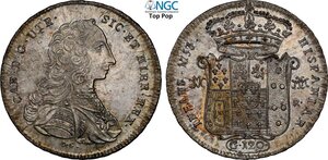 obverse: Napoli, Carlo di Borbone (1734-1759), Piastra da 120 Grana 1753, Dav-1400 Ag 42 mm 25,61 g, esemplare eccezionale il migliore di questo tipo che ci è capitato di osservare, esente dai consueti difetti di conio con delicata patina a tratti iridescente. In Slab NGC MS63 Top Pop! (cert. 6647354006)
				