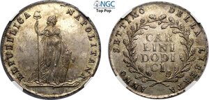 obverse: Napoli, Repubblica Napoletana (1799), Piastra da 12 Carlini anno VII, Dav-1410 Ag 40 mm, esemplare eccezionale impreziosito dalla totale assenza di graffi di aggiustamento o debolezze, bellissima patina che lascia trasparire il pieno lustro di zecca, tra i migliori mai apparsi sul mercato. In Slab NGC MS62 Top Pop! (cert. 6647133019)
				