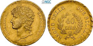 obverse: Napoli, Gioacchino Napoleone Murat (1808-1815), 40 Lire 1813, varietà con data piccola, Au 27 mm 12,90 g, in Slab NGC AU-cleaned (la pulitura è lieve)
				