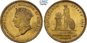 obverse: Napoli, Ferdinando I di Borbone (1816-1825), Quintupla da 15 Ducati 1818, Rara MIR-458, P/R-2, Au 29,5 mm 18,93 g, di gran qualità con ampio lustro di zecca, in Slab NGC MS63 Top Pop! (cert. 6641866006)
				