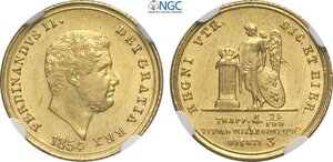 obverse: Napoli, Ferdinando II di Borbone (1830-1859), Oncetta da 3 Ducati 1854/3 (ribattuta su 1853), Au 18,5 mm, alta conservazione in Slab NGC MS63 (cert. 8234021012 second best grade)
				