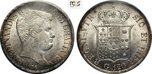 obverse: Napoli, Ferdinando II di Borbone (1830-1859), Piastra da 120 Grana 1836, Ag 37 mm 27,53 g, in Slab NGC MS63 (cert. 48282783 second best grade)
				