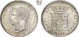 obverse: Napoli, Francesco II di Borbone (1859-1860), Tarì da 20 Grana 1859, Ag 22 mm, in Slab PCGS MS65 Top Pop! (cert. 17278944)
				