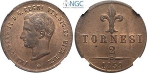 obverse: Napoli e Gorizia, lotto di 2 monete in Slab: 2 Tornesi 1859 (NGC MS64 RB), Soldo 1788-K (PCGS MS64 BN). I graffi visibili in foto sono sulla plastica dello slab
				