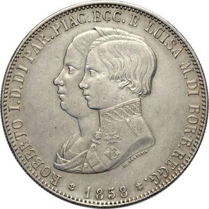 obverse: Parma, Roberto I di Borbone (1854-1859), 5 Lire 1858, Rara Gig-1 Ag 37,5 mm, lievi tracce di pulitura altrimenti SPL
				