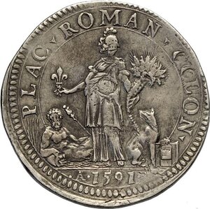 reverse: Piacenza, Alessandro Farnese (1586-1591), Scudo 1591, Rara Ag 42,5 mm 31,77 g, BB+
				