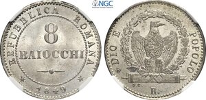 obverse: Roma, Repubblica Romana (1848-1849), 8 Baiocchi 1849-R, Roma, Mi 23 mm 3,90 g, eccezionale, in Slab NGC MS65
				