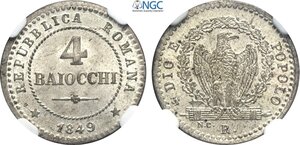 obverse: Roma, Repubblica Romana (1848-1849), 4 Baiocchi 1849-R, Roma, Mi 18 mm 1,95 g, eccezionale, in Slab NGC MS65
				